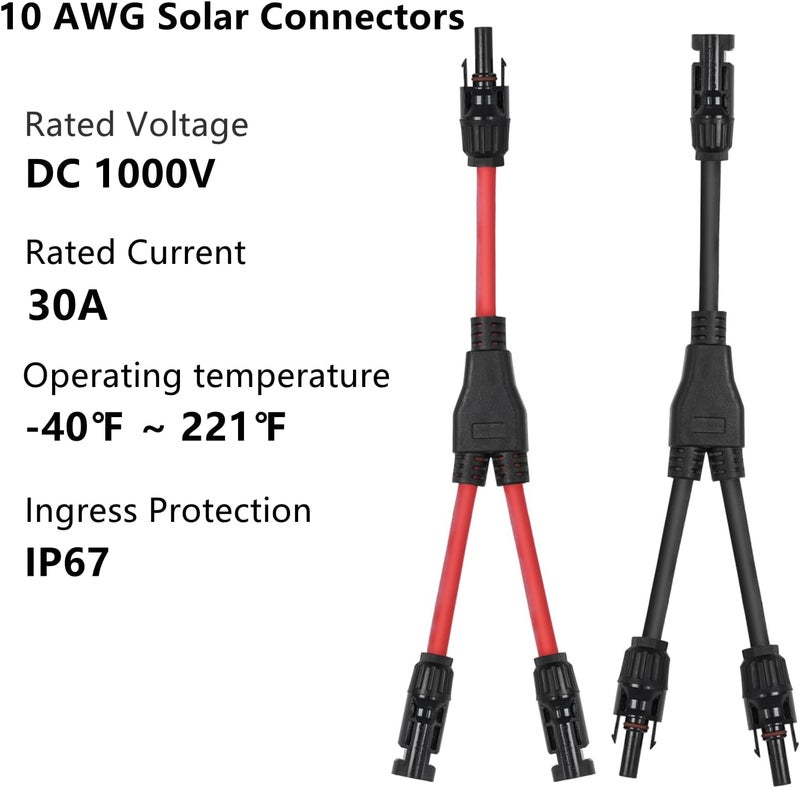 letivay 2 to 1 Solar Panel Connectors Y Branch Universal 10 AWG Solar Connectors (Red & Black) - Image 2
